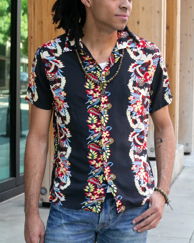 Japanese Repro, Short Sleeve Aloha Shirt, Houston Co. Brand, Black Shima with Red and Yellow Floral sold by Kiriko