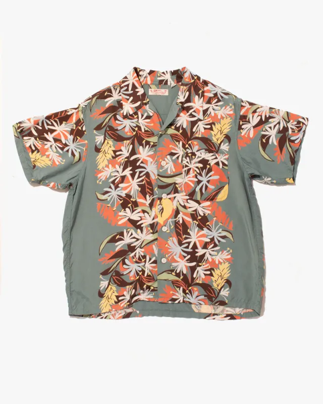 Japanese Repro Shirt, Aloha Short Sleeve, Sun Surf Brand, Green with Flowers - S sold by Kiriko