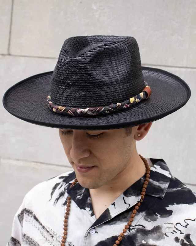 Kiriko Custom Panama Hat, Black, Brown and Yellow Shima Braided Band sold by Kiriko
