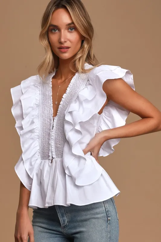 In A Ruffle White Ruffled Hook and Eye Top sold by Lulus