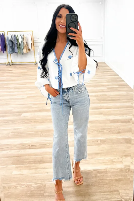 Daisy Do Embroidered Bow Top: White/Blue sold by Bella and Bloom