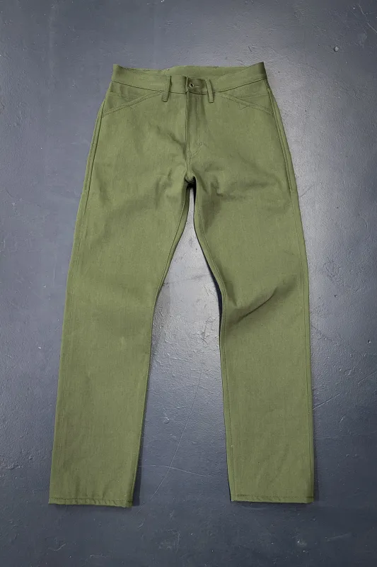 Casual Denim Pants - 13.5oz. Nihon Menpu Olive Selvedge Denim sold by Skinner American Goods