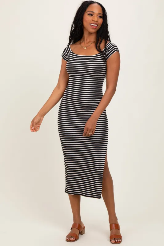 Black Striped Off Shoulder Side Slit Midi Dress sold by Pinkblush