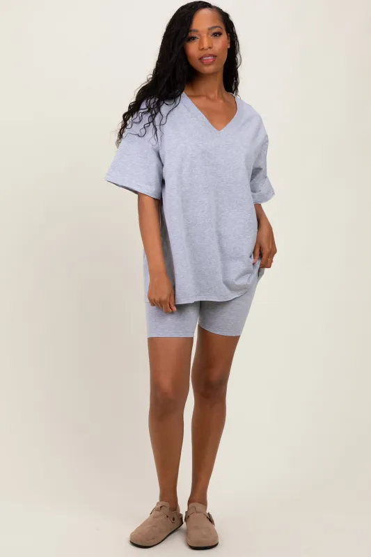 Heather Grey Oversized V-Neck Biker Short Set sold by Pinkblush