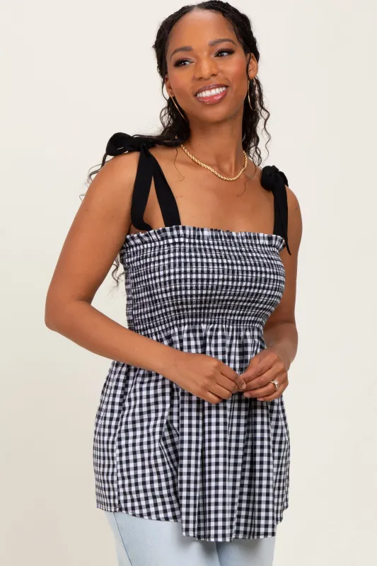 Black Gingham Smocked Shoulder Tie Top sold by Pinkblush