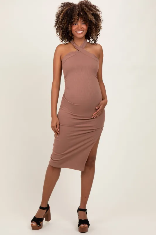Mocha Halter Tied Criss-Cross Ribbed Maternity Midi Dress sold by Pinkblush