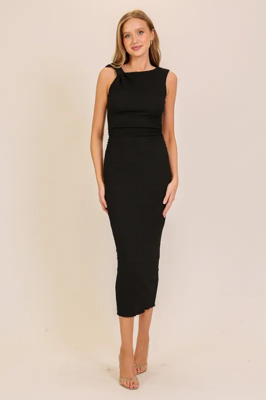 Black Textured Shoulder Detail Midi Dress sold by Pinkblush