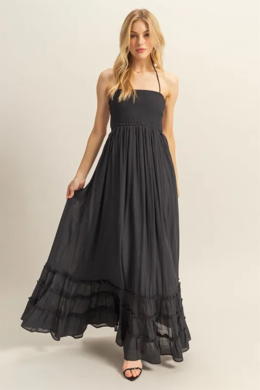 Black Halter Neck Smocked Tiered Hem Maxi Dress sold by Pinkblush