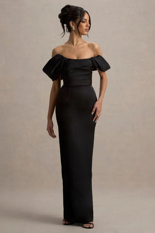 Annita | Black Satin Bardot Maxi Dress sold by Club L London