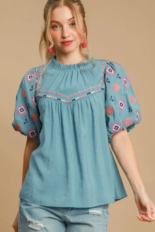 Umgee Full Size Embroidered Puff Sleeve Mock Neck Top Plus Size sold by Charming Charlie