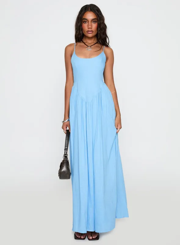 Palisades Tie Up Maxi Dress Blue sold by Princess Polly