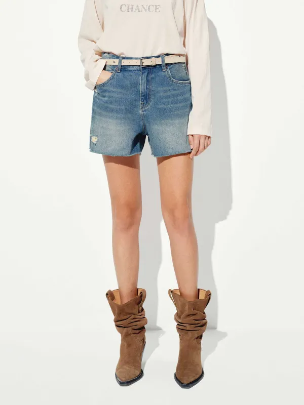 Distressed Cotton Denim Shorts sold by Mo&Co