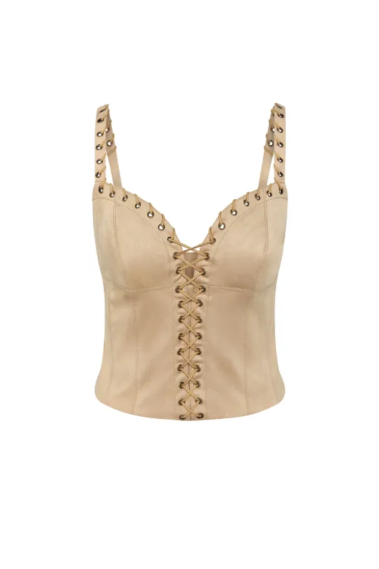 Lace-Up Top in Tan sold by Oh Polly