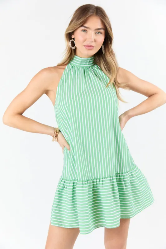 Firefly Glow Green and Ivory Striped Halter Neck Dress sold by Pink Lily