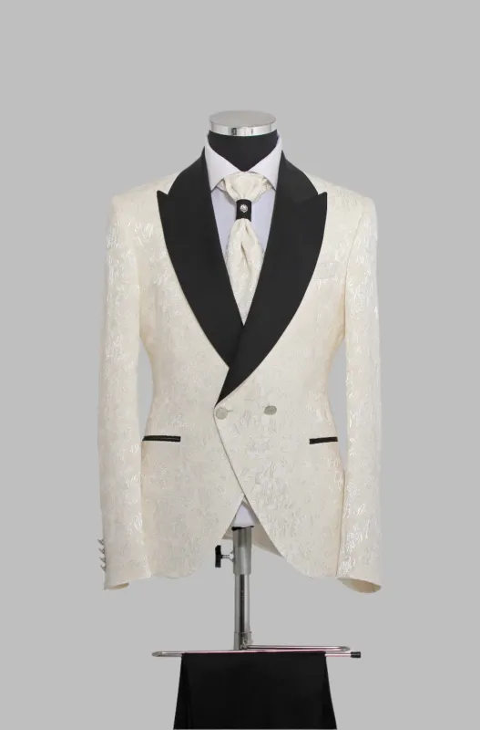 3 Piece Floral Jacquard  Black Wide Satin Shawl Lapel Cream Men Tuxedo – Wessi sold by Wessi