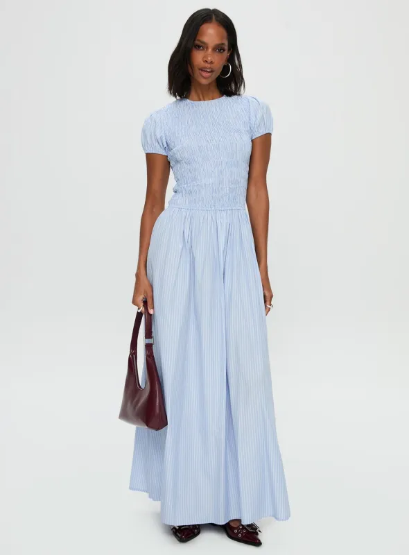 Wendelin Shirred Maxi Dress Blue Stripe sold by Princess Polly