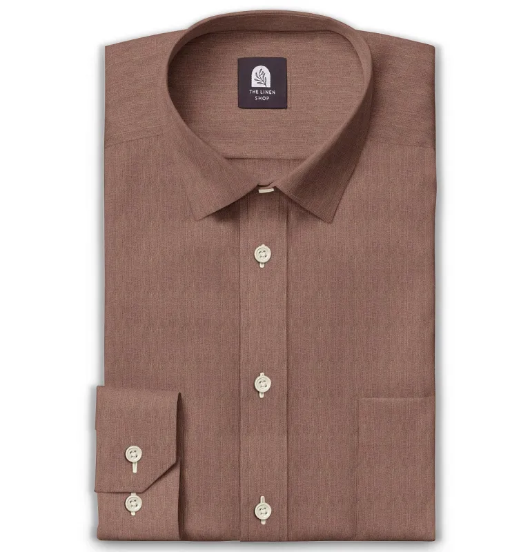 Pure Linen - Semi-Spread Collar - Short Sleeve - Tawny Brown sold by Airthreads