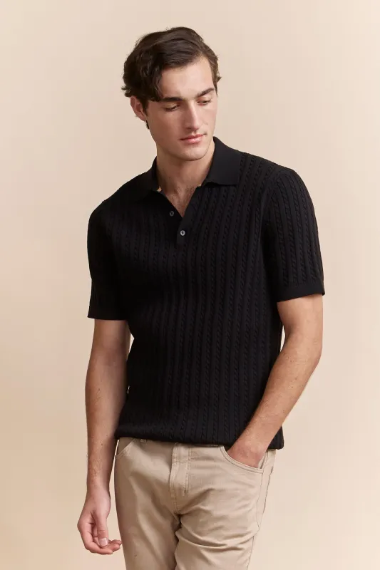 Cable knit polo sold by Tristan Style