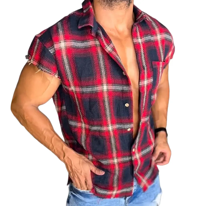 Men's Retro Casual Linen Plaid Print Lapel Short Sleeve Shirt MTA2779C2TO sold by Manly