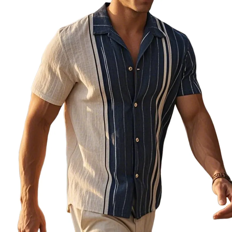 Men's Retro Casual Linen Striped Colorblock Printed Lapel Short Sleeve Shirt MTA2750C2TO sold by Manly