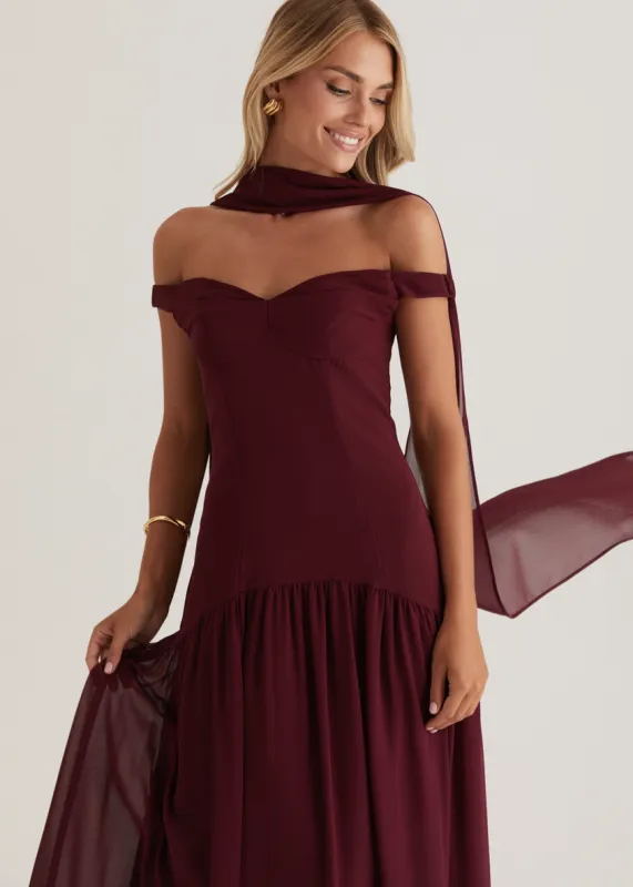 PRE-ORDER:Kirah Off Shoulder Maxi Dress - Wine sold by Gingham & Heels