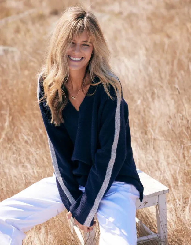 Chalet V Neck Knit Jumper - French Navy/Grey sold by White & Co
