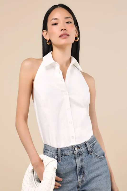 Aeres White Button-Front Collared Halter Bodysuit sold by Lulus