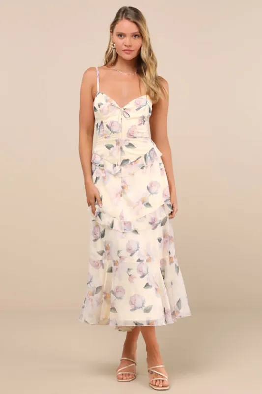 Idonea Light Yellow Floral Ruffled Lace-Up Midi Dress sold by Lulus