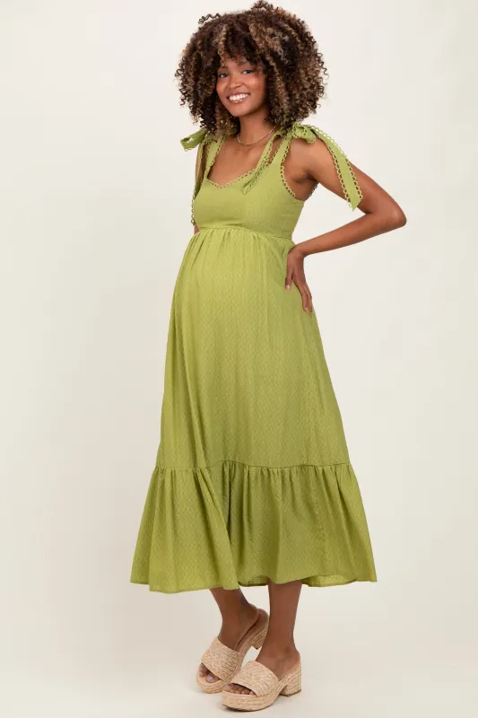 Light Olive Scallop Trim Shoulder Tie Maternity Midi Dress sold by Pinkblush
