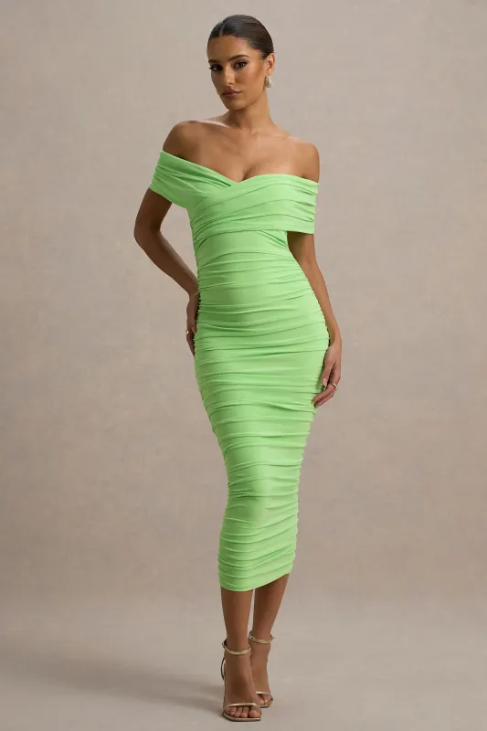 Unwrapped | Light Green Ruched Twist Bardot Midi Dress sold by Club L London