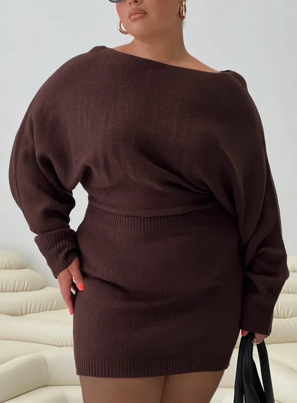 Bellamie Long Sleeve Mini Dress Chocolate Curve sold by Princess Polly