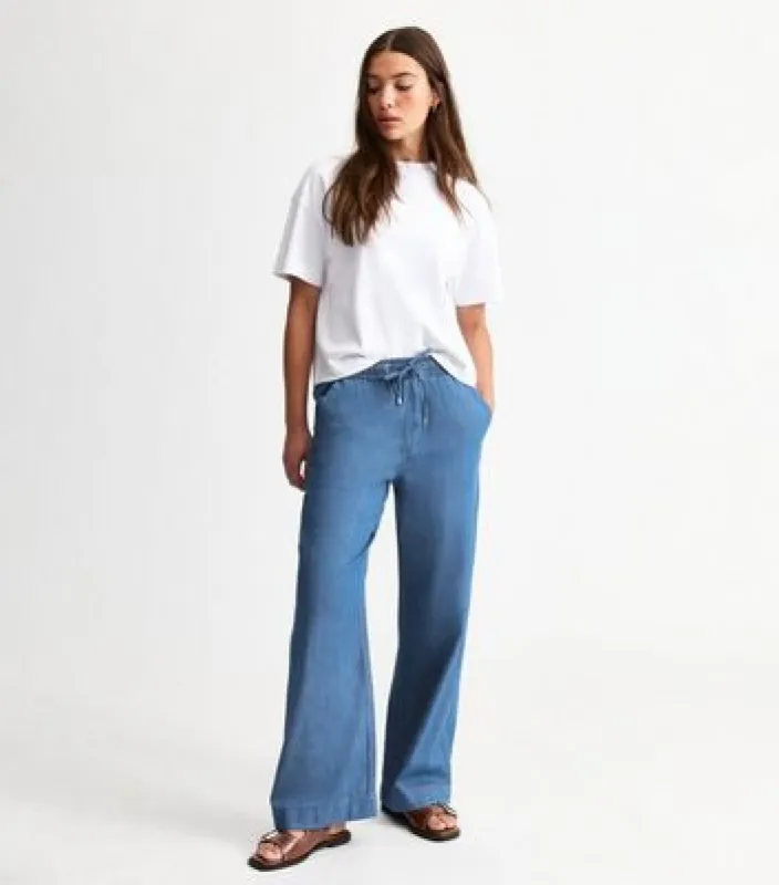 Blue Drawstring Waist Denim Trousers sold by New Look