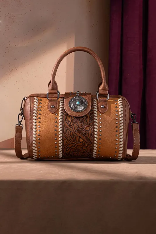 Tooled Concho Barrel Satchel Crossbody Bag for Women in Brown | MW1322-8800-BR sold by Glik’s