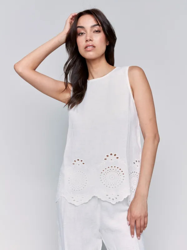Sleeveless Linen Top with Eyelet Embroidery - White sold by Charlie B