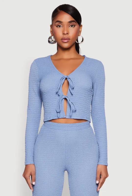 Textured Knit Double Tie Front Crop Top sold by Rainbow