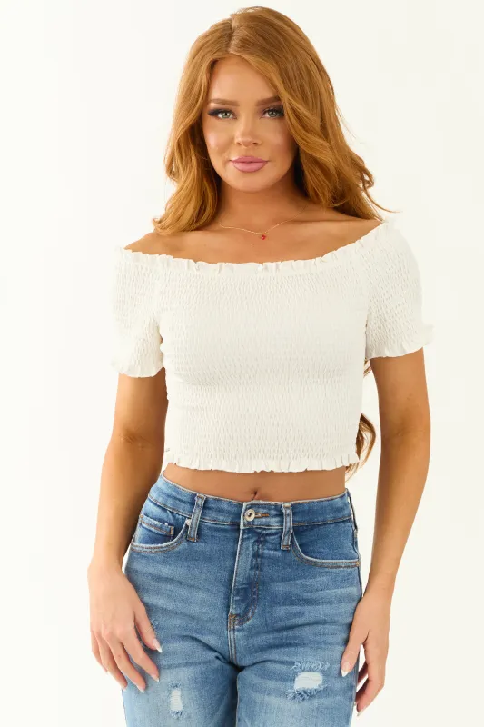 She+Sky Off White Smocked Off Shoulder Fitted Top sold by Lime Lush