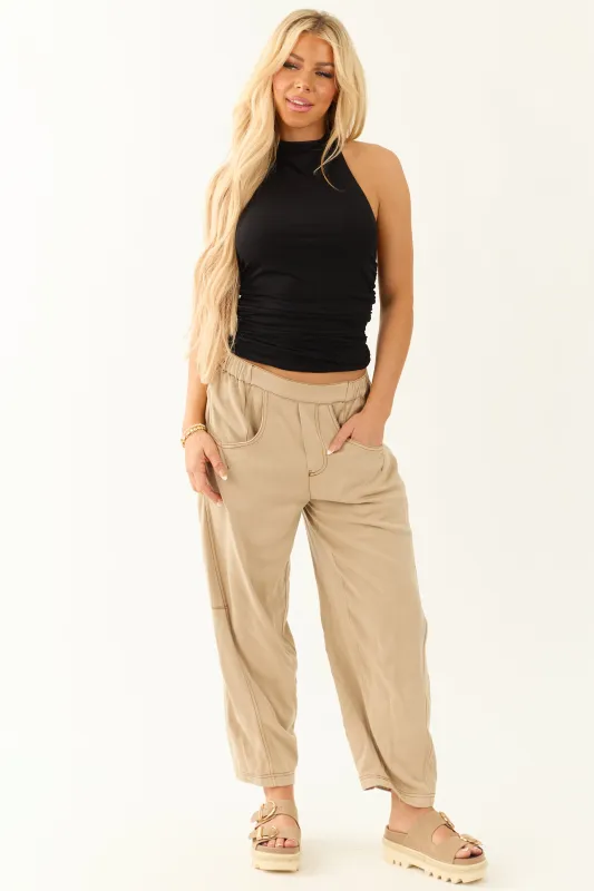 Sand Vintage Washed Soft Lightweight Barrel Pants sold by Lime Lush
