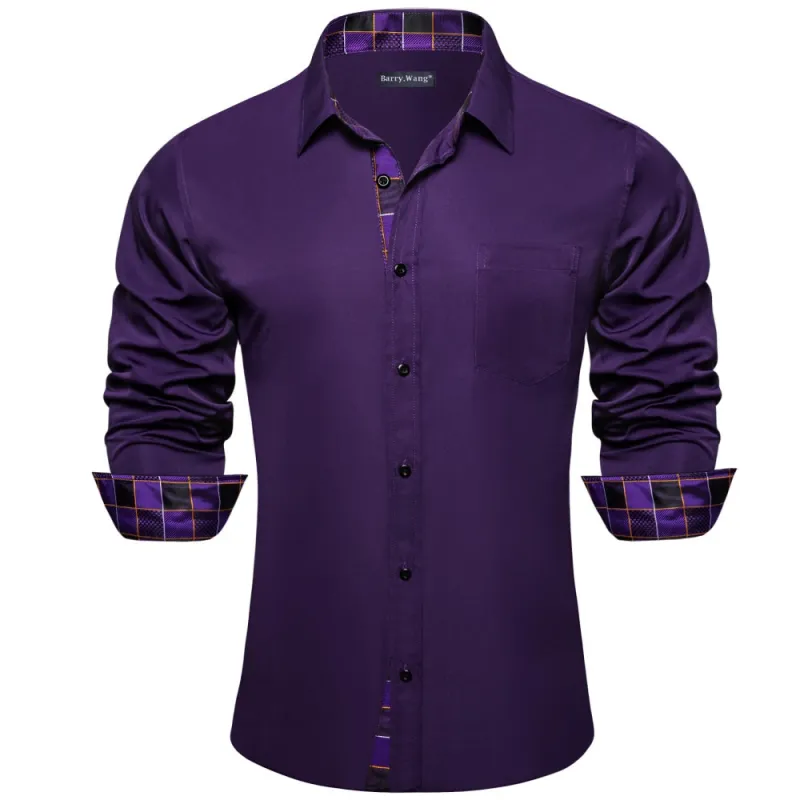 Barry Wang Purple Shirt Solid and Plaid Splicing Long Sleeve Silk Shirt sold by Barrywang