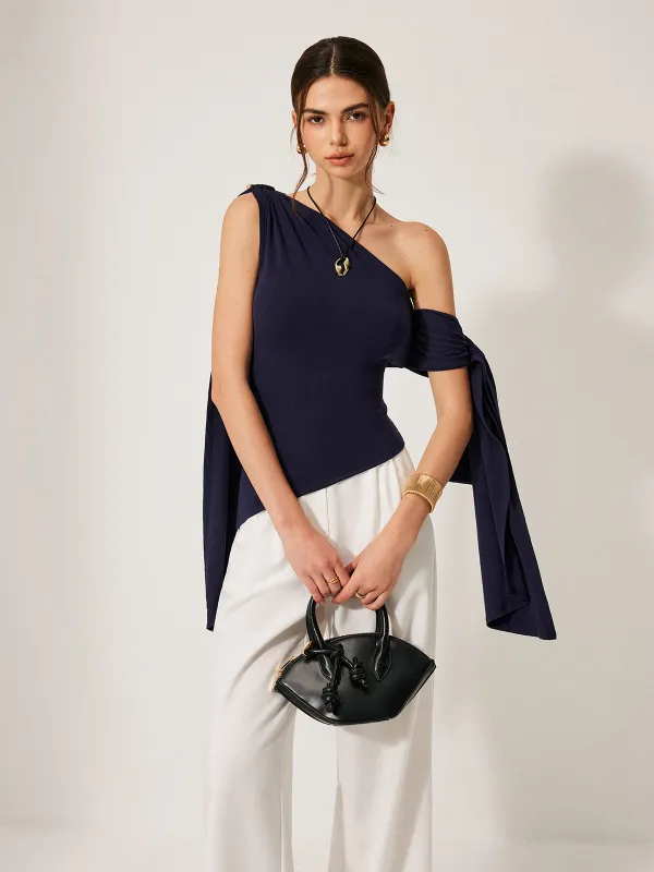 One-Shoulder Draped Tie Detail Top sold by COMMENSE