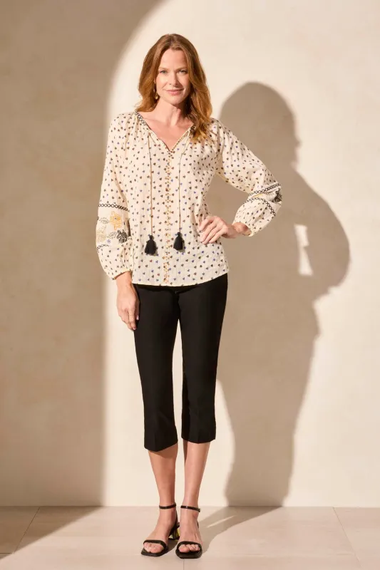 Long Puff Sleeve Embroidered Notch Neck Peasant Blouse-Cocomilk sold by Tribal