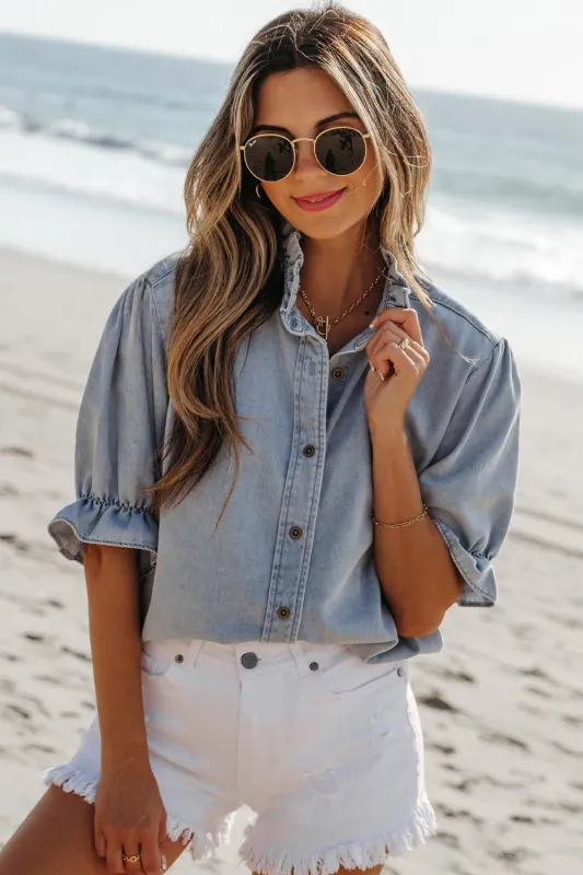 Beau Blue Ruffle Short Puff Sleeve Summer Chambray Shirt sold by Beagle Boutique