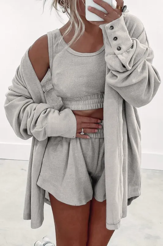 Grey 3 Pcs Crop Tank Top Shorts with Cardigan Lounge Set sold by Beagle Boutique