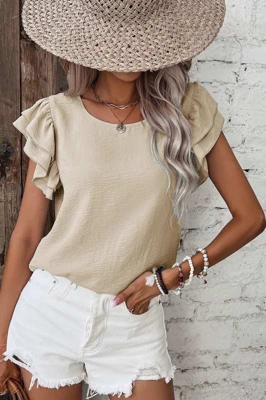 Beige Solid Color Ruffled Short Sleeve Casual Blouse sold by Beagle Boutique