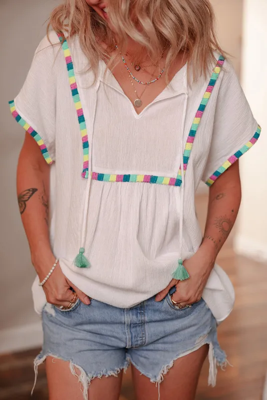 White Colorful Fringed Detail Tassel Tie Neck Short Sleeve Blouse sold by Beagle Boutique