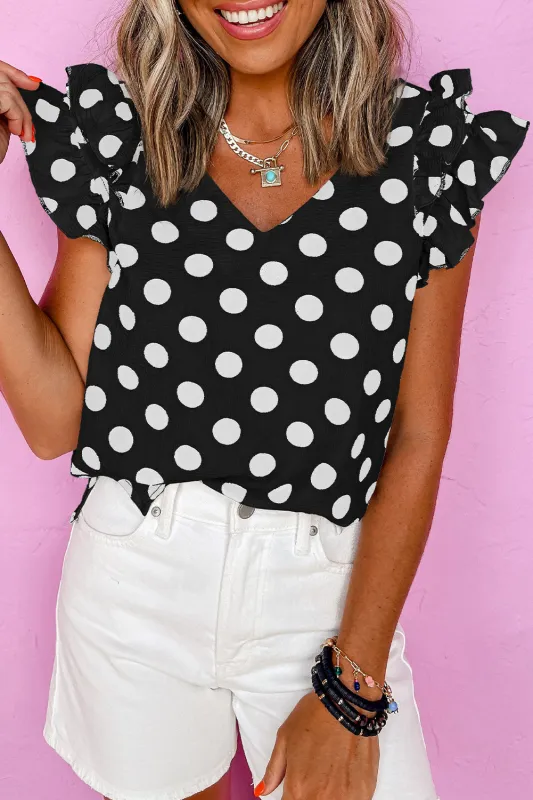 Black Polka Dot Print Ruffled Sleeve V Neck Blouse sold by Beagle Boutique