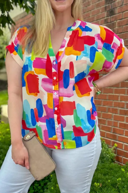 Colorful Brush Stroke Printed Plus Size Button Split Neck Blouse sold by Beagle Boutique