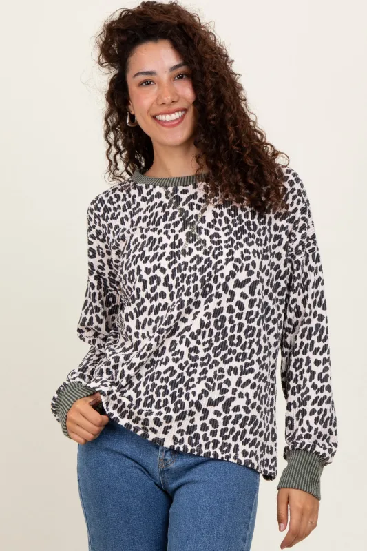 Cream Ribbed Animal Print Contrast Trim Pullover sold by Pinkblush