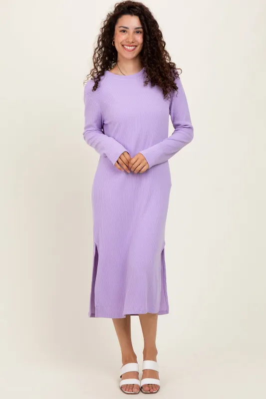 Lavender Ribbed Knit Long Sleeve Side Slit Midi Dress sold by Pinkblush