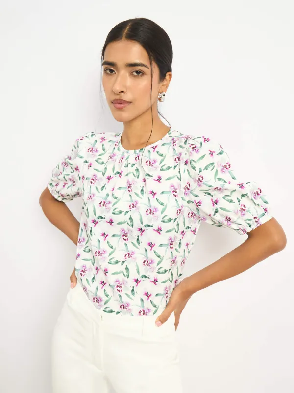 Darcey Puff Sleeve Pleated Neck Top - Pink Floral sold by Salt Attire