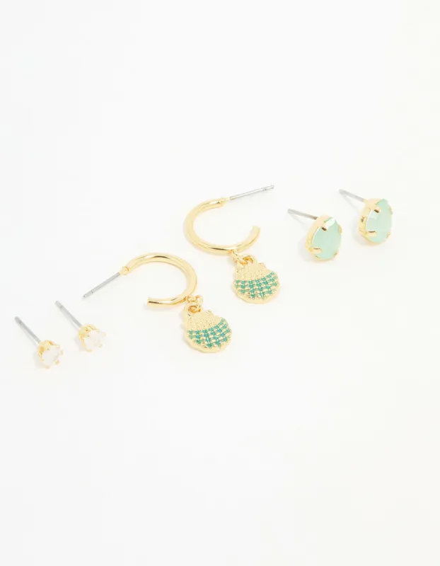 Gold Plated Cubic Zirconia Mermaid Earrings 3-Pack sold by lovisa